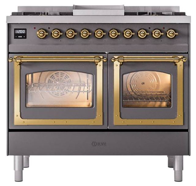 Ilve® Nostalgie II Noblesse 40'' Graphite Matte Pro Style Dual Fuel Range with Brass Trim-1