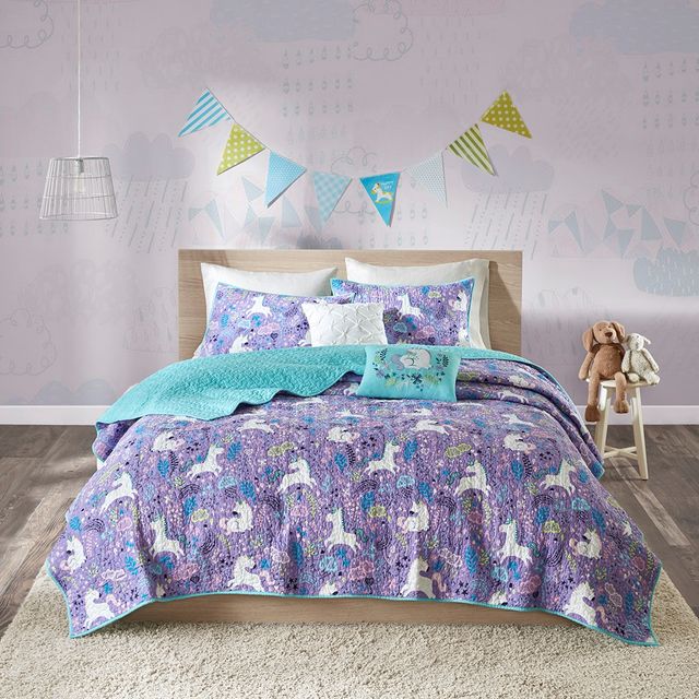 Olliix by Urban Habitat Kids Lola Unicorn Cotton Reversible Purple Twin Coverlet Set-0