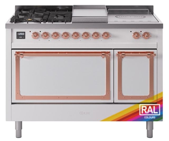 Ilve® Nostalgie II Noblesse 48'' Custom RAL Color Pro Style Dual Fuel Range with Copper Trim-0