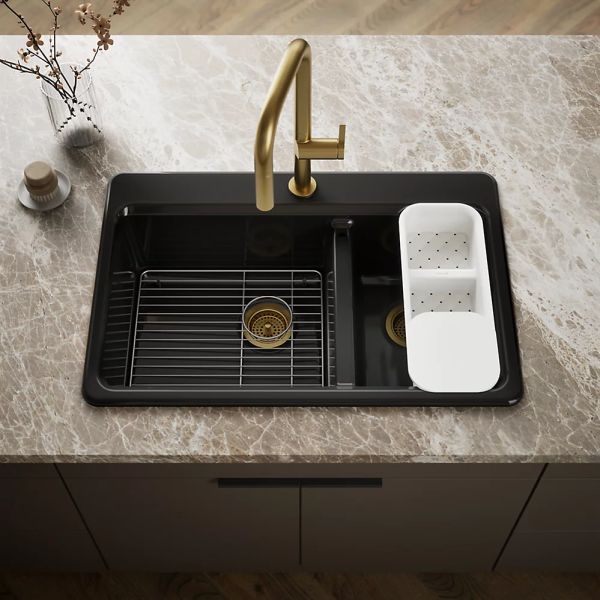 KOHLER® Riverby® Black 33" 1-Faucet Hole Top-Mount Double-Bowl Workstation Kitchen Sink-1