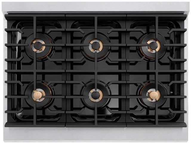 ZLINE Autograph Edition Paramount 36" 5.2 Cu. Ft. Satin Stainless Steel Gas Range with 6 Burner DuoPro™ Cooktop, Convection Gas Oven, Black Matte Door and Polished Gold Accents-2