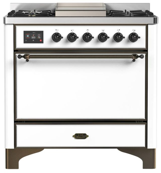 Ilve® Majestic III 36" White Pro Style Dual Fuel Natural Gas Range with Solid Door and Burnished Trim-0
