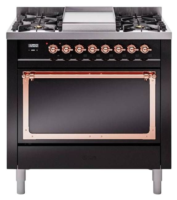 Ilve® Nostalgie II Noblesse 36'' Glossy Black Pro Style Dual Fuel Range with Copper Trim-0