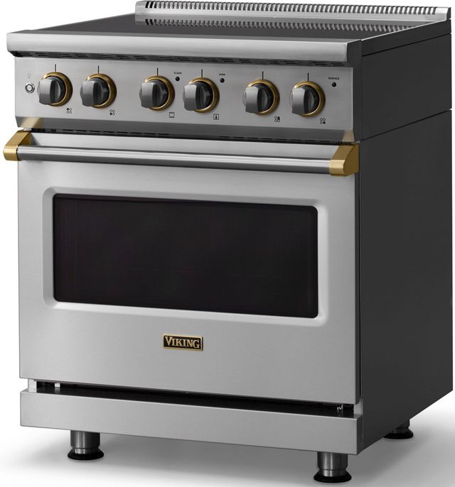 Viking® 5 Series 30" Stainless Steel Pro Style Electric Range with Brushed Brass Trim-3