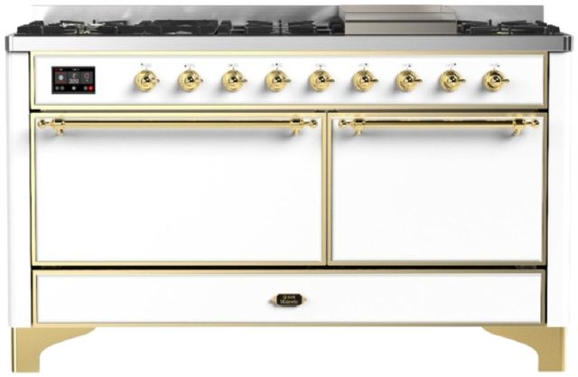 Ilve® Majestic III 60" White Pro Style Dual Fuel Natural Gas Range with Solid Door and Brass Trim-0