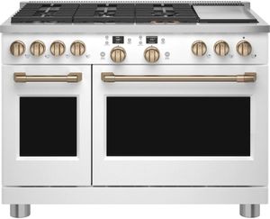 front view of the Café™ 48" Matte White Professional Style Dual Fuel Range