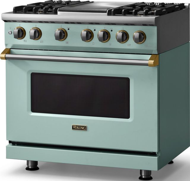 Viking® 5 Series 36" Splash Pro Style Dual Fuel (NG) Range with Brushed Brass Trim-3