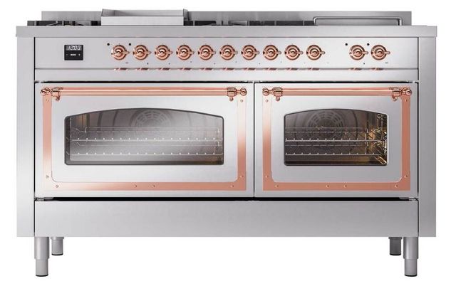 Ilve® Nostalgie II Noblesse 60'' Stainless Steel Pro Style Dual Fuel Range with Copper Trim-1