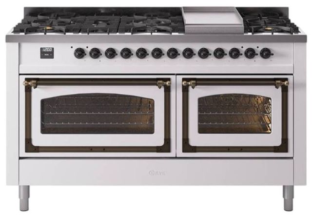 Ilve® Nostalgie II Noblesse 60'' White Pro Style Dual Fuel Range with Burnished Trim-0