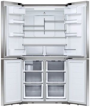 front view of the opened Fisher & Paykel Series 7 36 in. 19.0 Cu. Ft. Stainless Steel Counter Depth French Door Refrigerator