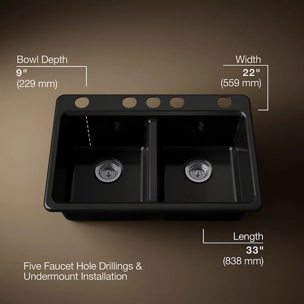 KOHLER® Riverby® Black 33" Undermount Double-Equal Bowl Kitchen Sink-3
