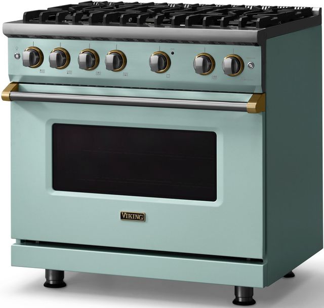 Viking® 5 Series 36" Splash Pro Style Gas (NG) Range with Brushed Brass Trim-2