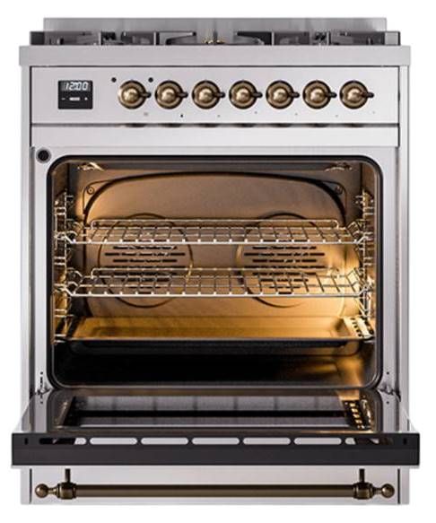 Ilve® Nostalgie II Noblesse 30'' Stainless Steel Pro Style Dual Fuel Range with Burnished Trim-1