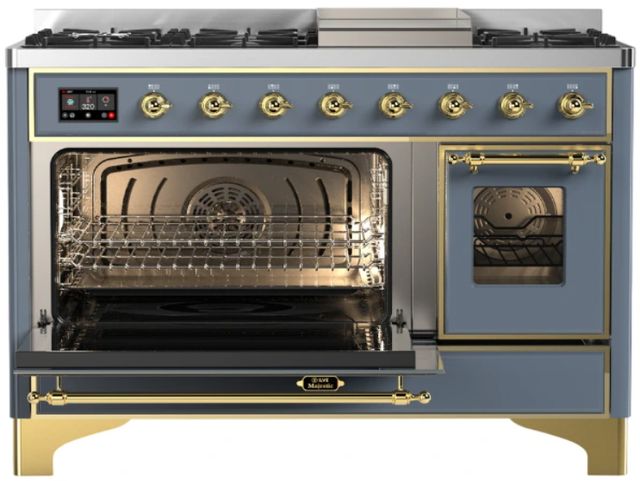 Ilve® Majestic III 48" Blue Gray Pro Style Dual Fuel Natural Gas Range with Triple Glass Door and Brass Trim-2