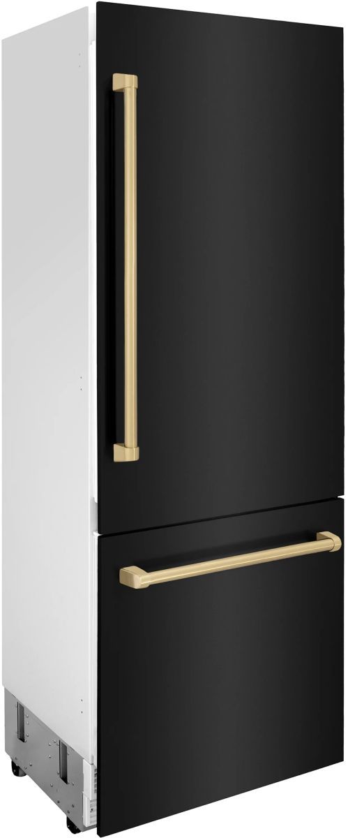 ZLINE Autograph Edition 30" 16.1 Cu. Ft. Black Stainless Steel Built-In Bottom Freezer Refrigerator with Polished Gold Accent and Bright White Interior-3
