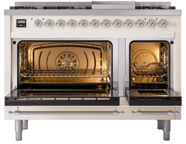 Ilve® Nostalgie II Noblesse 48'' Antique White Pro Style Dual Fuel Range with Chrome Trim-1