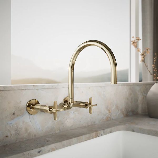 KOHLER® Billet® Vibrant French Gold 12" 2-Hole Wall-Mount Bridge Kitchen Sink Faucet with Cross Handles-1
