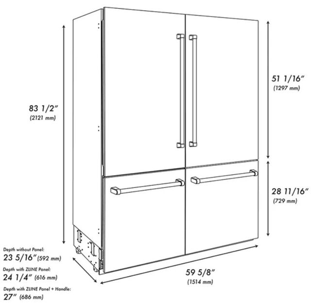 ZLINE Autograph Edition 60" 32.2 Cu. Ft. Black Stainless Steel French Door Built-In Bottom Freezer Refrigerator with Water Dispenser and Ice Maker in Graphite Gray Interior and Polished Gold Helix Handles-1