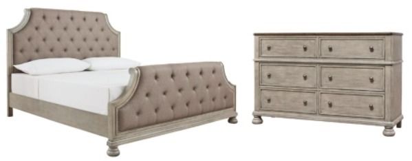Benchcraft® Falkhurst 4-Piece Brown/Gray Queen Upholstered Panel Bed Set-0