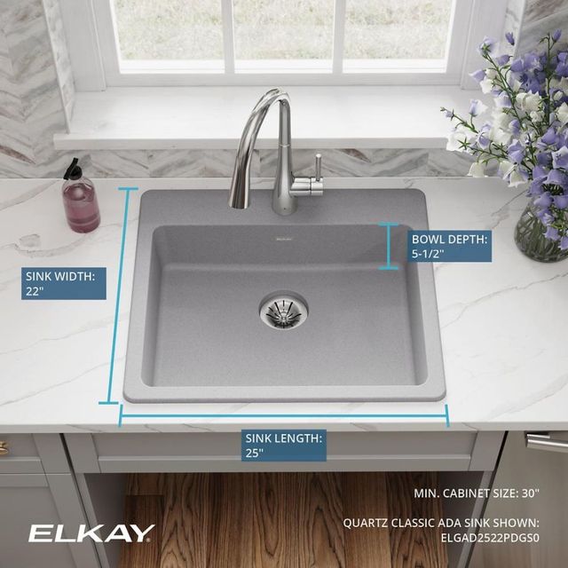 Elkay Quartz Classic® Graystone 25" x 22" x 5-1/2" Single Bowl Drop-In ADA Sink with Perfect Drain®-3