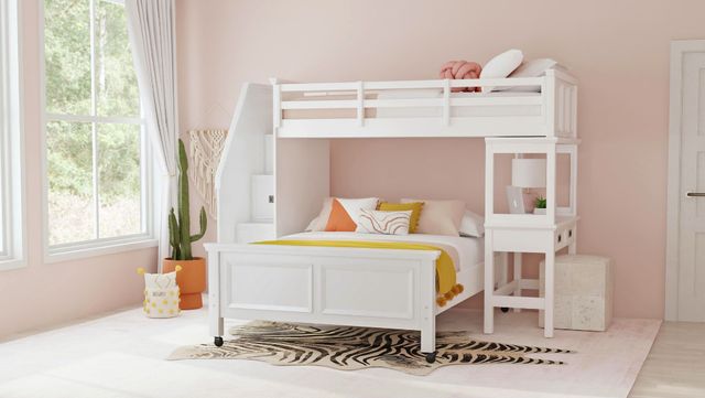 Elements International Hampton Kids White Youth Twin/Full Loft Bed with Staircase and Desk-1