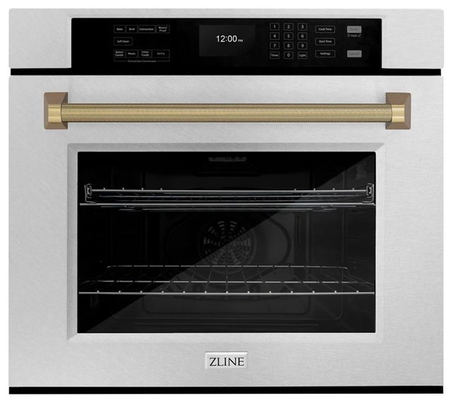 ZLINE Autograph Edition Professional 30" Satin Stainless Steel True Convection Single Wall Oven with Air Fry and Self Clean with Champagne Bronze Helix Handle -0