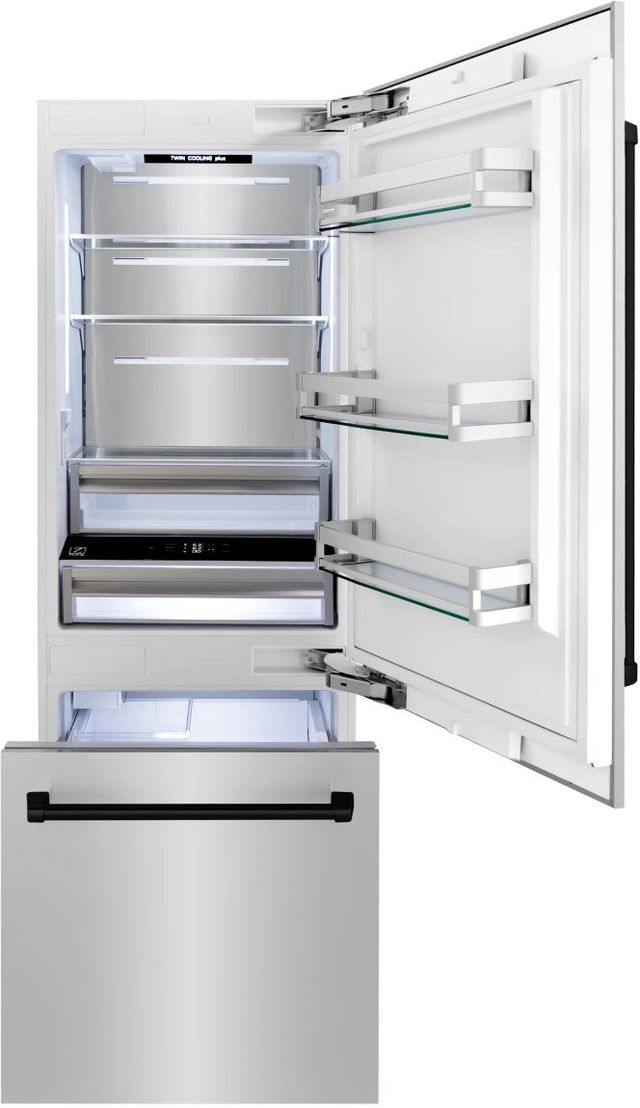 ZLINE Autograph Edition 30" 16.1 Cu. Ft. Stainless Steel Bottom Freezer Refrigerator with Water Dispenser and Ice Maker in Matte Black Accents-1