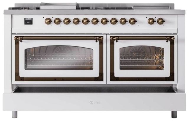 Ilve® Nostalgie II Noblesse 60'' White Pro Style Dual Fuel Range with Burnished Trim-3