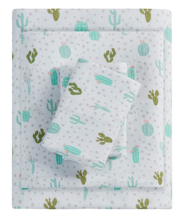Olliix by Intelligent Design Cozy Soft Green Cactus Queen Cotton Novelty Print Flannel Sheet Set-0
