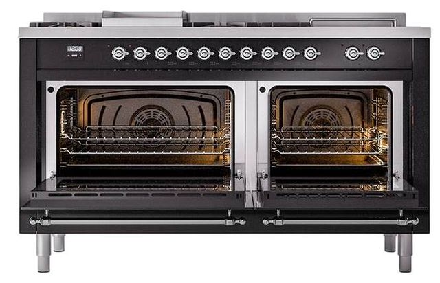 Ilve® Nostalgie II Noblesse 60'' Glossy Black Pro Style Dual Fuel Range with Chrome Trim-1