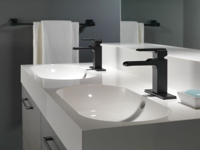 Delta Ara® Matte Black Single Handle Channel Bathroom Faucet with Drain-2