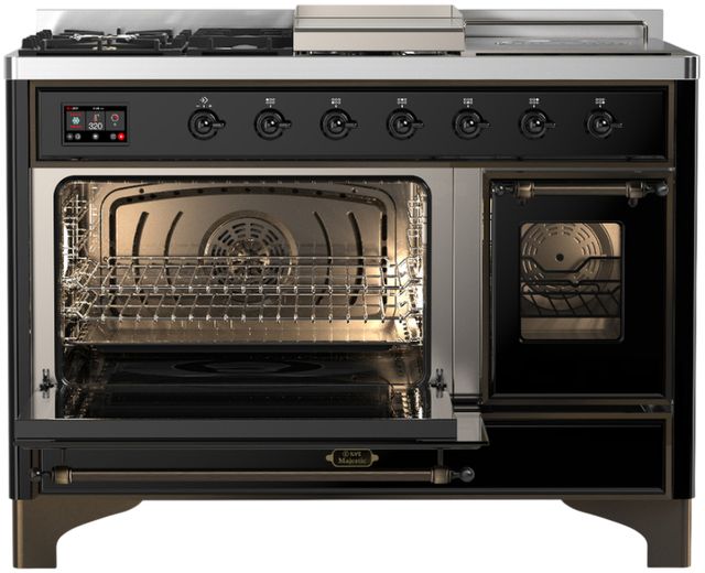 Ilve® Majestic III 48" Glossy Black Pro Style Dual Fuel Natural Gas Range with 5 Black Brass Burners and Burnished Trim-2