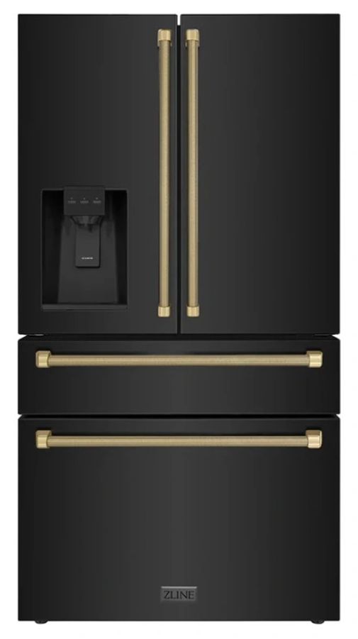 ZLINE Autograph Edition 36" 21.6 Cu. Ft. Black Stainless Steel Counter-Depth French Door Refrigerator with Water and Ice Maker in Fingerprint-Resistant and Champagne Bronze Helix Handles-0