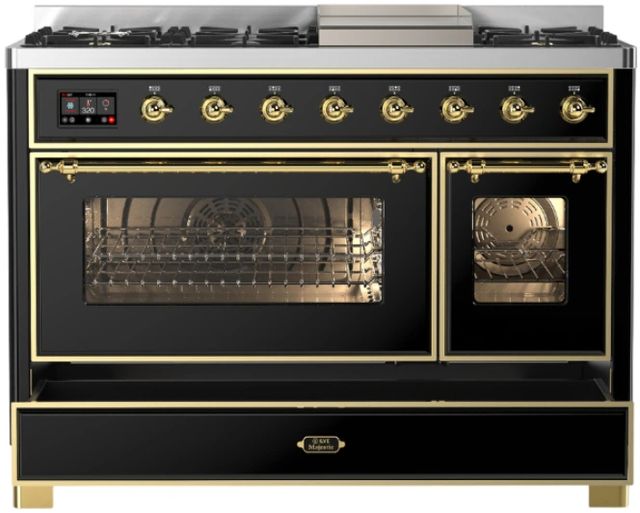 Ilve® Majestic III 48" Glossy Black Pro Style Dual Fuel Liquid Propane Range with Triple Glass Door and Brass Trim-1