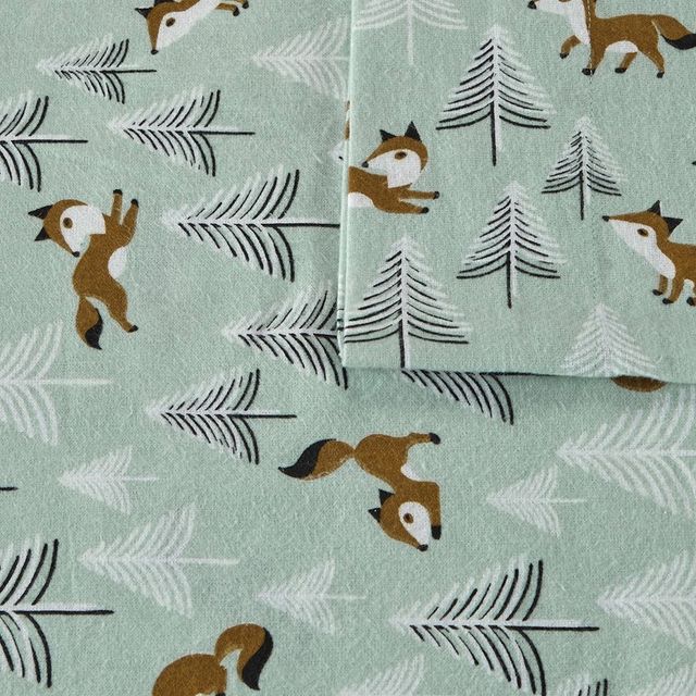 Olliix by Intelligent Design Seafoam Foxes Twin XL Cozy Soft Cotton Novelty Print Flannel Sheet Set-2