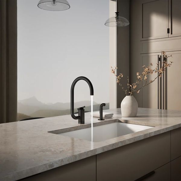 KOHLER® Components® Matte Black Single-Handle Kitchen Sink Faucet with 2-Function Extended-Reach Spout and Side Sprayer-2