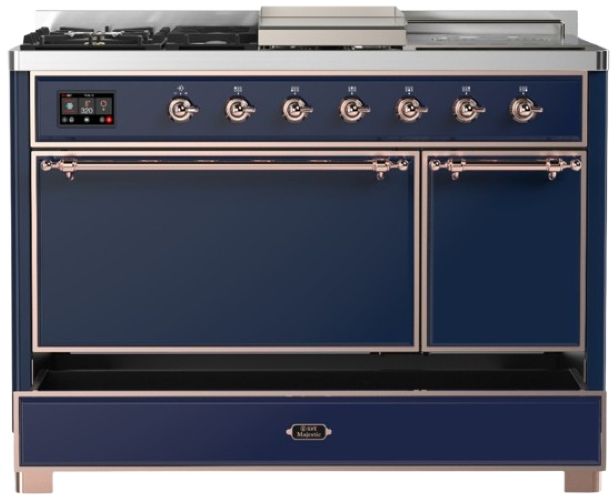 Ilve® Majestic III 48" Midnight Blue Pro Style Dual Fuel Natural Gas Range with French Top and Copper Trim-2