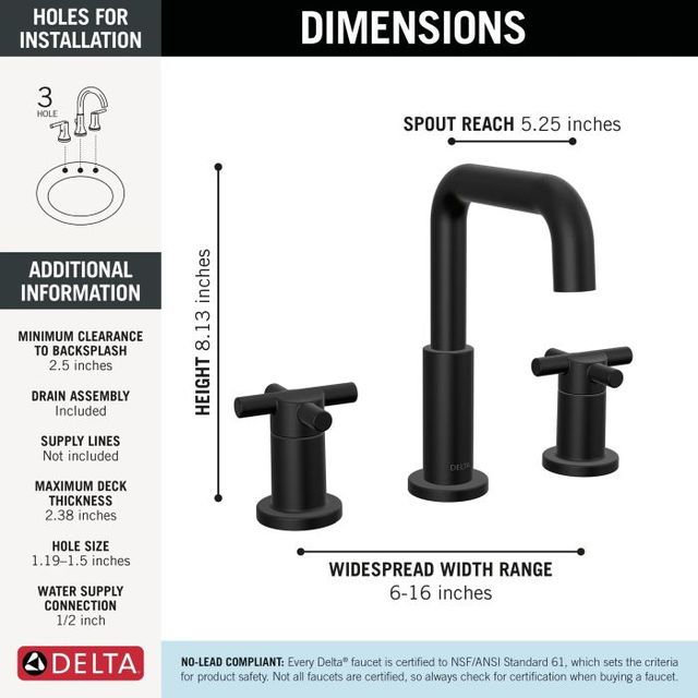 Delta Nicoli® Matte Black 2-Handle Cross Widespread Bathroom Faucet-2