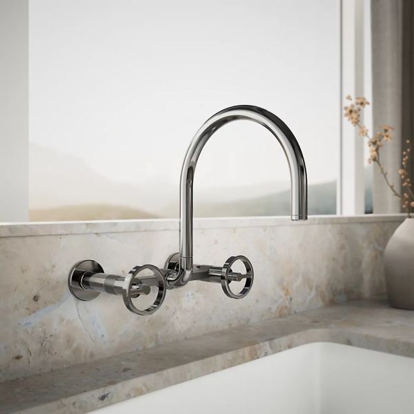 KOHLER® Billet® Vibrant Titanium 12" 2-Hole Wall-Mount Bridge Kitchen Sink Faucet with Round Handles-1