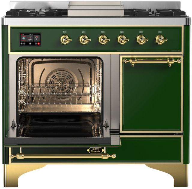 Ilve® Majestic III 40" Emerald Green Pro Style Dual Fuel Liquid Propane Range with Solid Door and Brass Trim-2