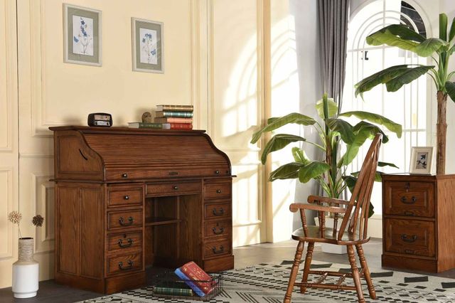 TEI Burnish Walnut Brown 54" Roll Top Secretary Desk-1