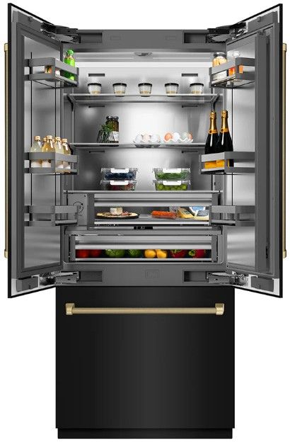 ZLINE Autograph Edition 36" 19.6 Cu. Ft. Black Stainless Steel with Stainless Steel Interior and Champagne Bronze Helix Handles French Door Built-In Bottom Freezer Refrigerator with Water Dispenser and Ice Maker-3