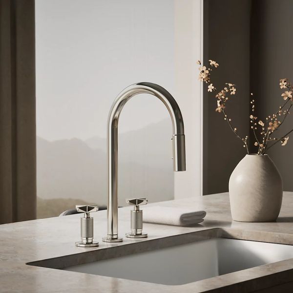 KOHLER® Billet® Vibrant Polished Nickel Kitchen Sink Faucet with 2-Function Sprayhead and Cross Handles-1