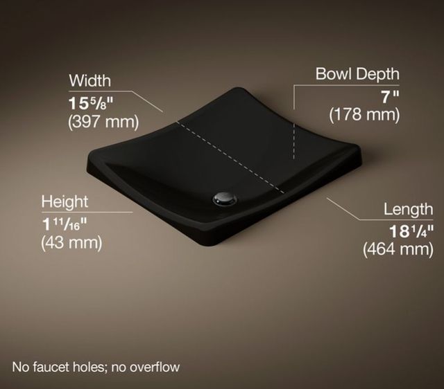 Kohler DemiLav® Black 18.25" Rectangular Vessel Bathroom Sink, No Overflow-3