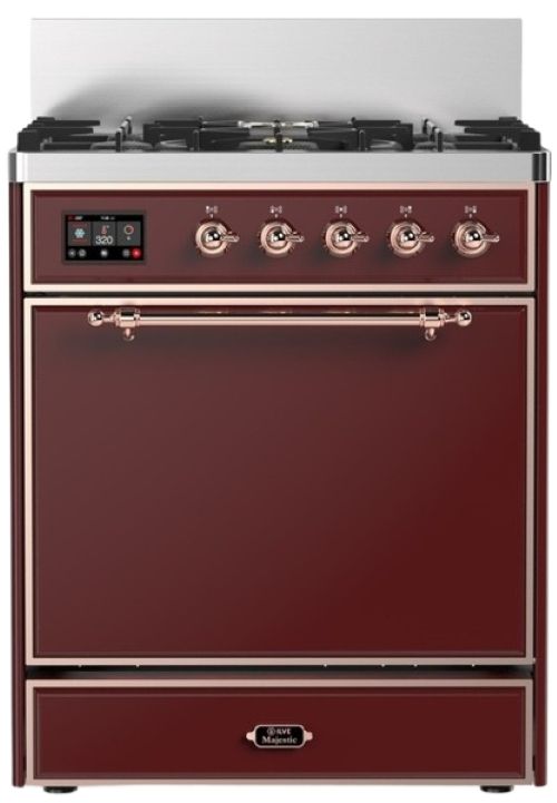 Ilve® Majestic III 30" Burgundy Pro Style Dual Fuel Liquid Propane Range with 5 Black Brass Burners and Copper Trim-0