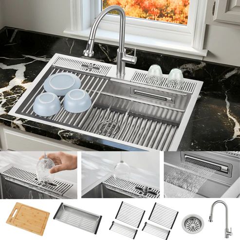 Forno Acqua MultiSINK Stainless Steel 33" Dual Mount 3-Level Workstation with Retractable Faucet and Glass Rinser-0