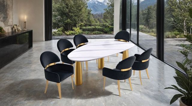 Furniture of America® Northam 7-Piece Matte Gold/White Dining Table Set with Black Chair-2