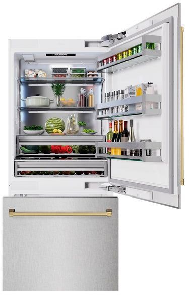 ZLINE Autograph Edition 36" 19.8 Cu. Ft. Satin Stainless Steel Built-In Bottom Freezer Refrigerator with Polished Gold Accents-3