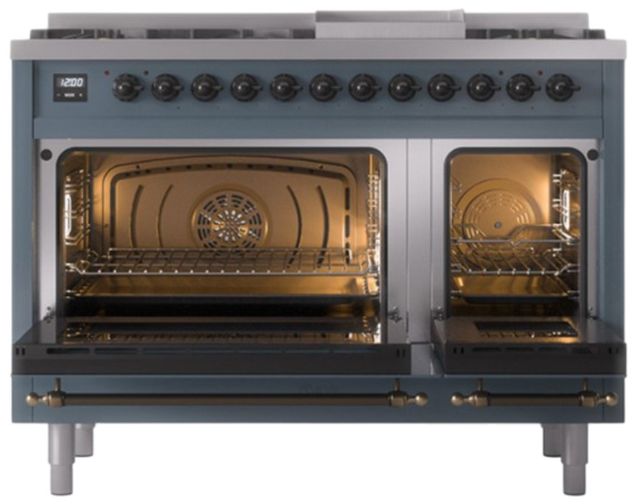 Ilve® Nostalgie II Noblesse 48'' Blue Gray Pro Style Dual Fuel Range with Burnished Trim-1