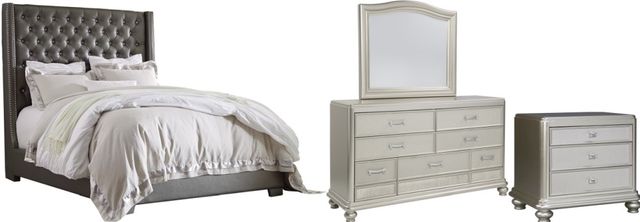 Signature Design by Ashley® Coralayne 4-Piece Gray/Metallic Sheen Queen Upholstered Panel Bed Set-0